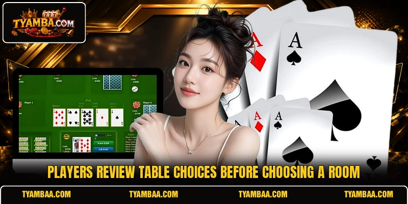 Players review table choices before choosing a room Players review table choices before choosing a room